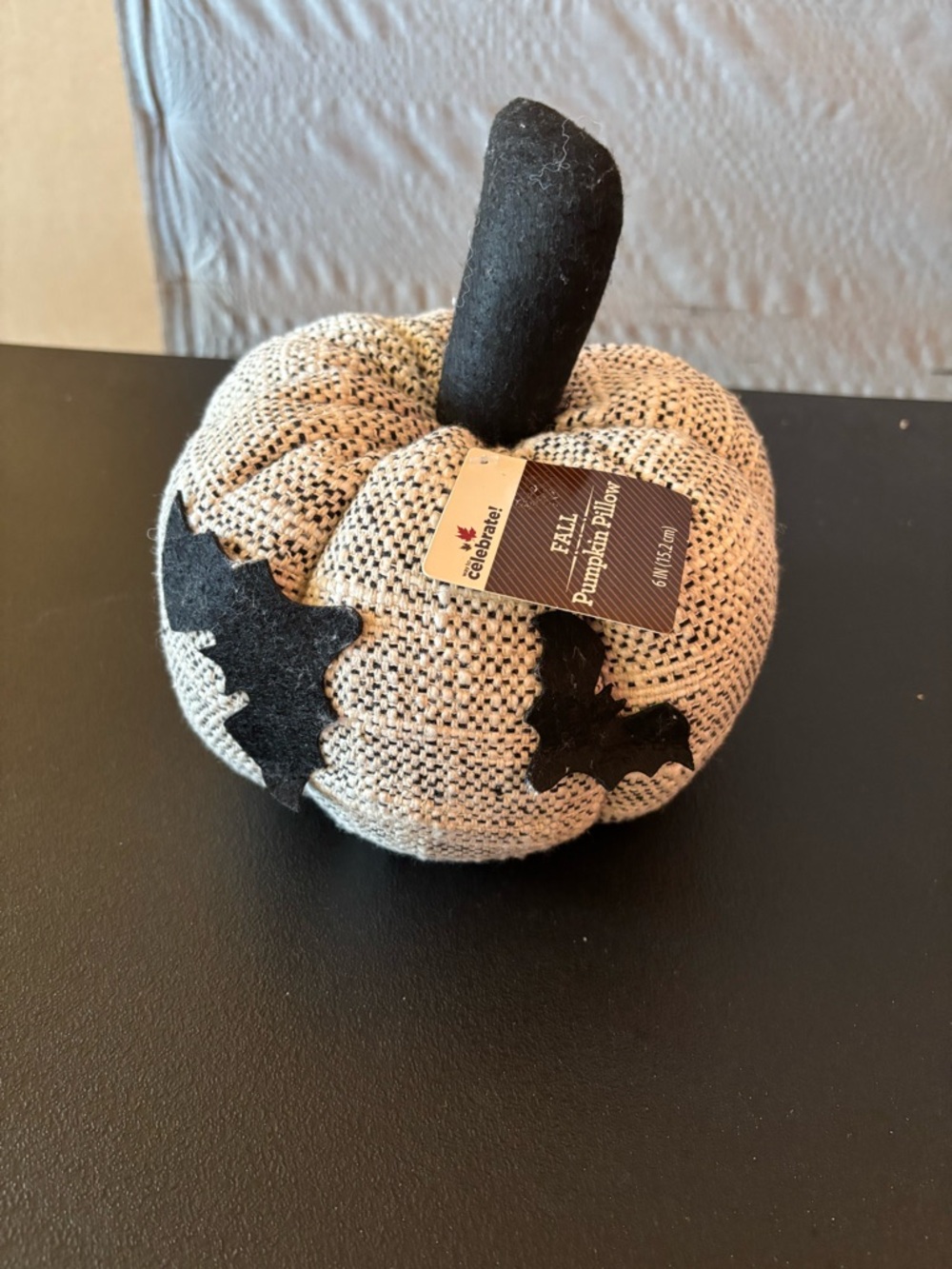 Celebrate It Neutral Woven Pumpkin Pillow with Black Bat Appliqués